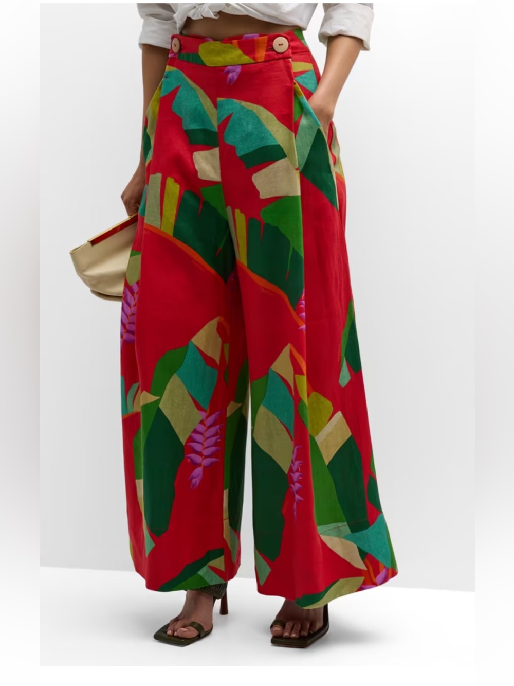 Farm Rio Heliconia Floral Linen High-Rise Wide-Leg Pants - size L